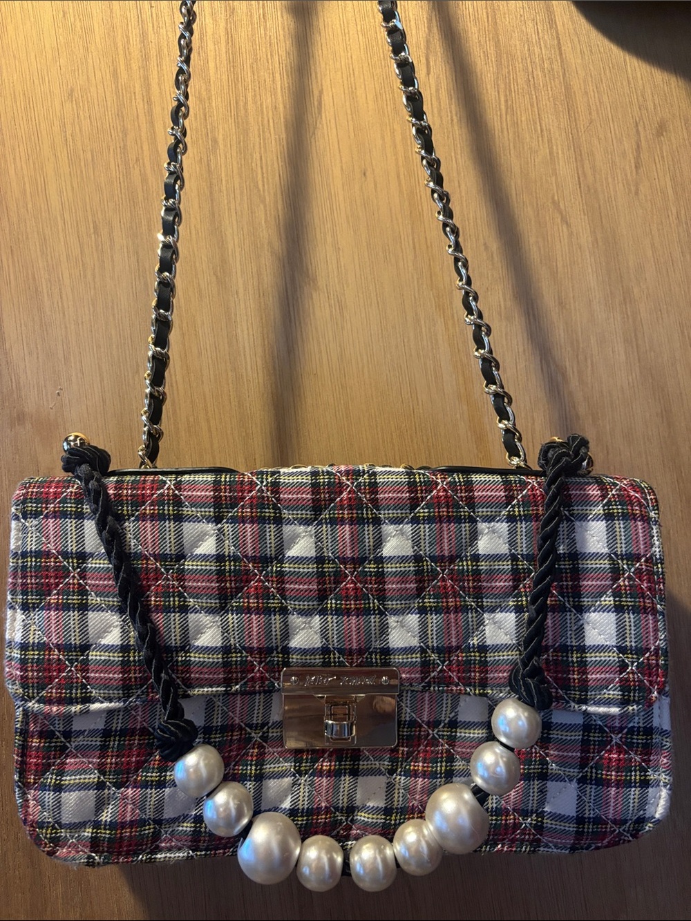 Betsey Johnson- Plaid Pearl-Accent Shoulder Bag